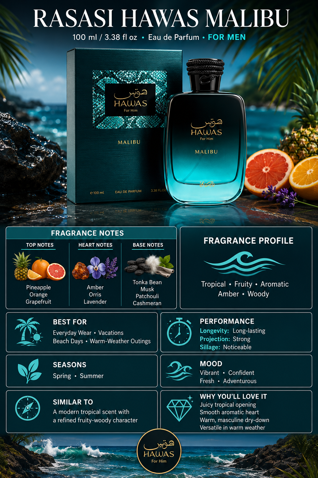 Rasasi Hawas Malibu - 3.38 oz EDP for Men